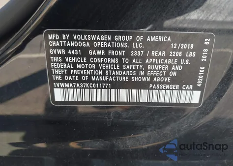 2019 Volkswagen Passat 2.0T Se R-Line z USA, uszkodzony, nr VIN 1VWMA7A37KC011771